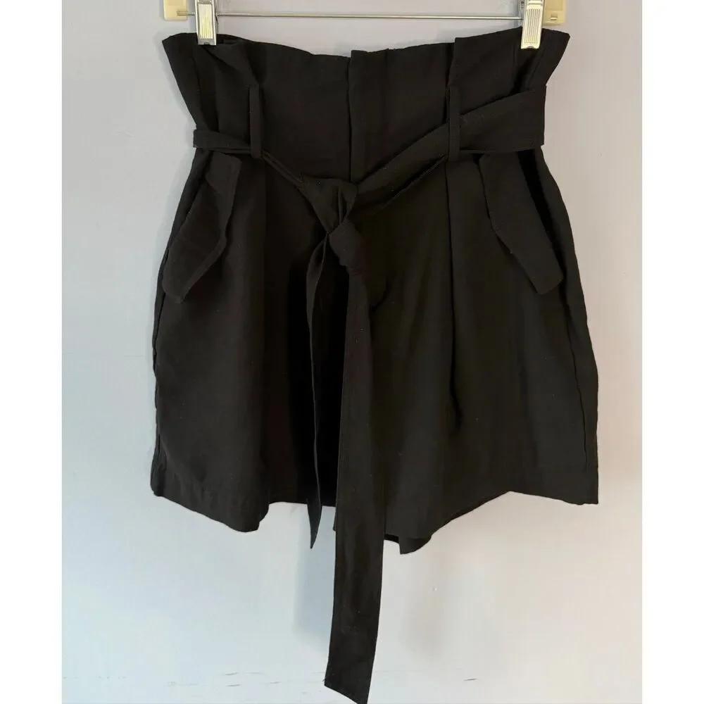A New Day Black Paperbag Waist Shorts Size 12 High Rise Belted Pleated EUC